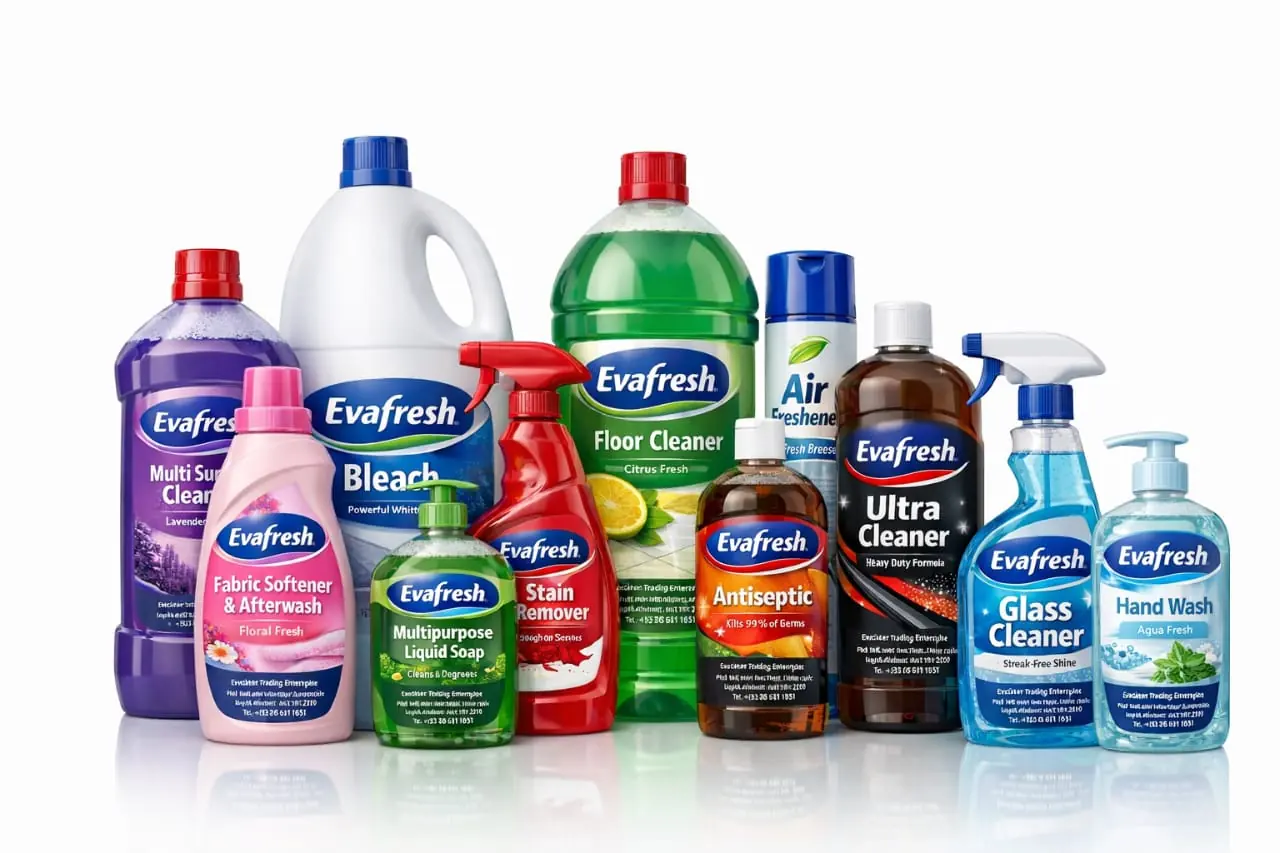 The Evafresh range: multipurpose liquid soap, bleach, floor cleaner, stain remover, antiseptic, glass cleaner and hand wash
